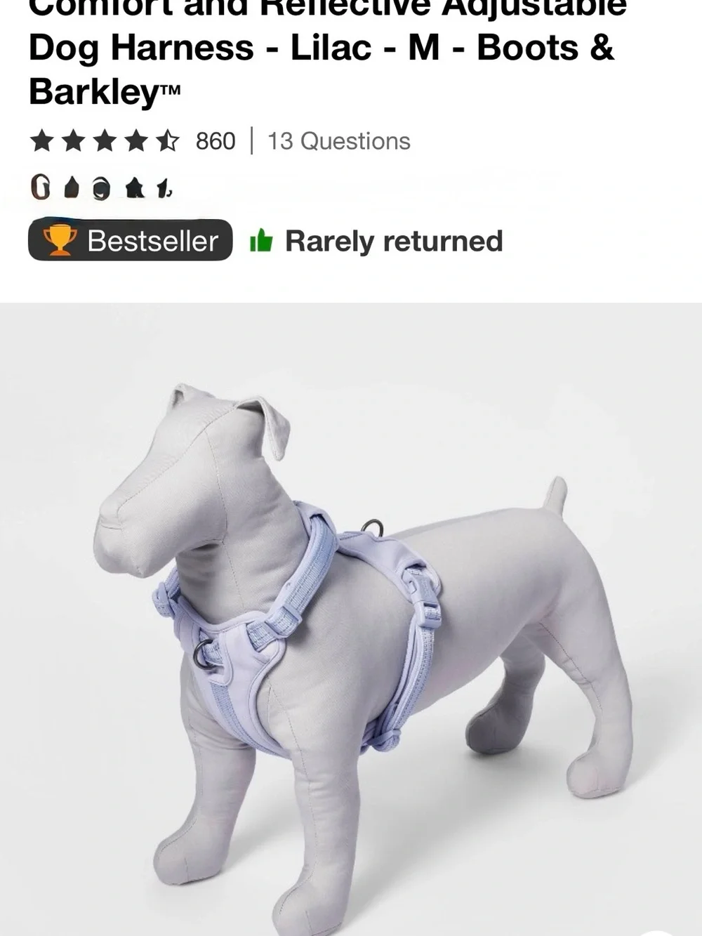 Lilac Padded Dog Harness with Back D-Ring